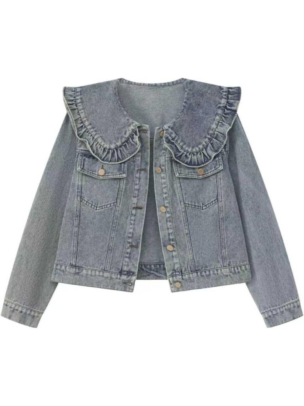 Women’s Blue Floral Embroidered Peter Pan Collar Cropped Denim Jean Jacket
